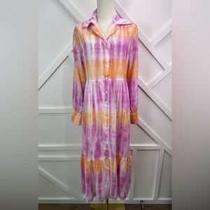 NWT Raquel Allegra Tie Dye Shirt Dress Fuchsia Purple Orange Maxi Cotton 0 (XS)